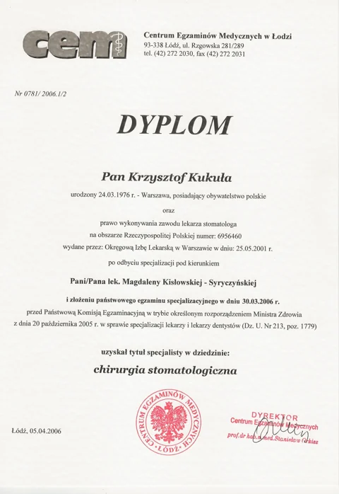 Dokument potwierdzający kwalifikacje zespołu Dr Kukuła