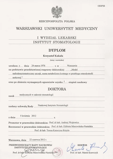 Dokument potwierdzający kwalifikacje zespołu Dr Kukuła