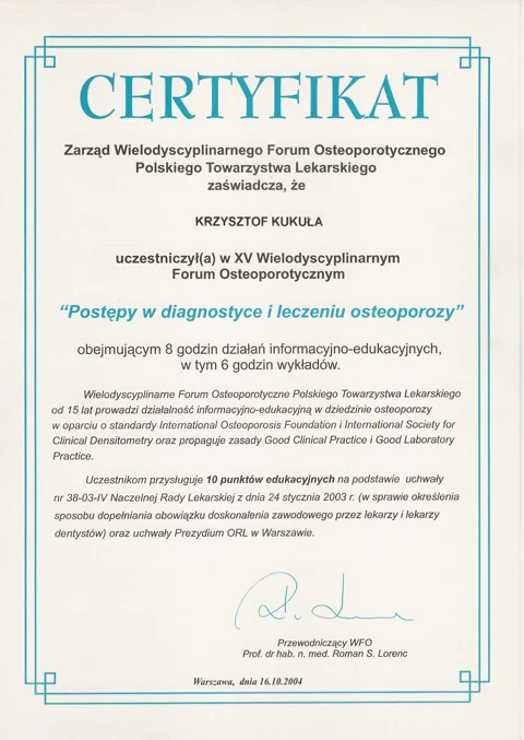 Dokument potwierdzający kwalifikacje zespołu Dr Kukuła