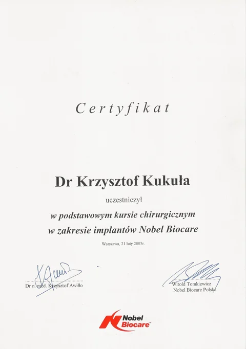 Dokument potwierdzający kwalifikacje zespołu Dr Kukuła