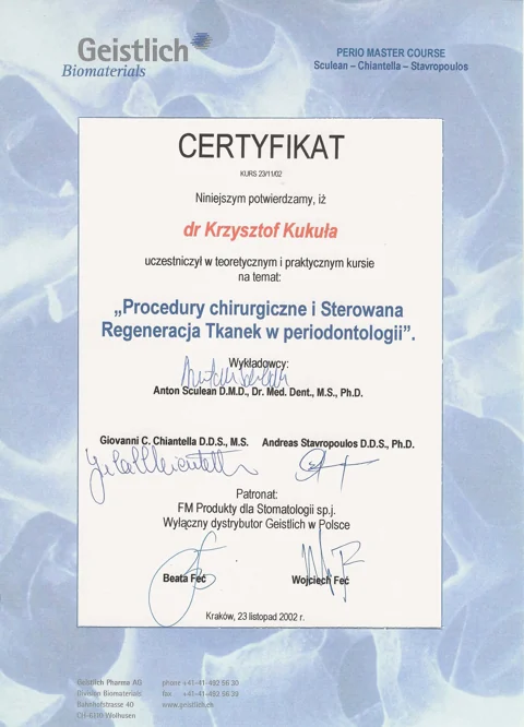 Dokument potwierdzający kwalifikacje zespołu Dr Kukuła