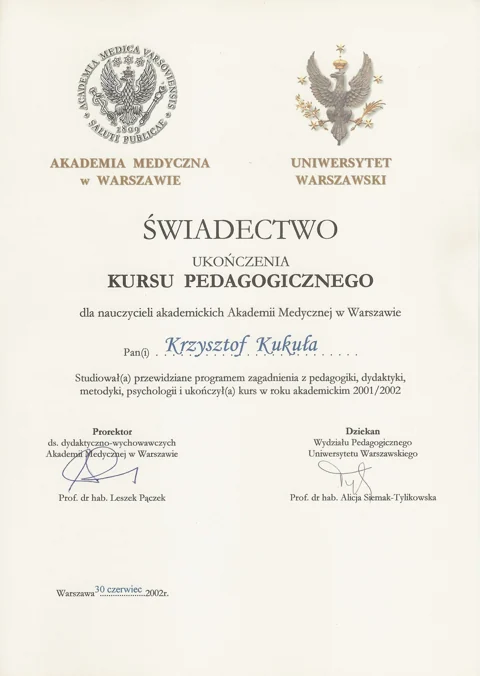 Dokument potwierdzający kwalifikacje zespołu Dr Kukuła