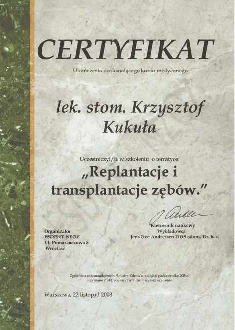 Dokument potwierdzający kwalifikacje zespołu Dr Kukuła