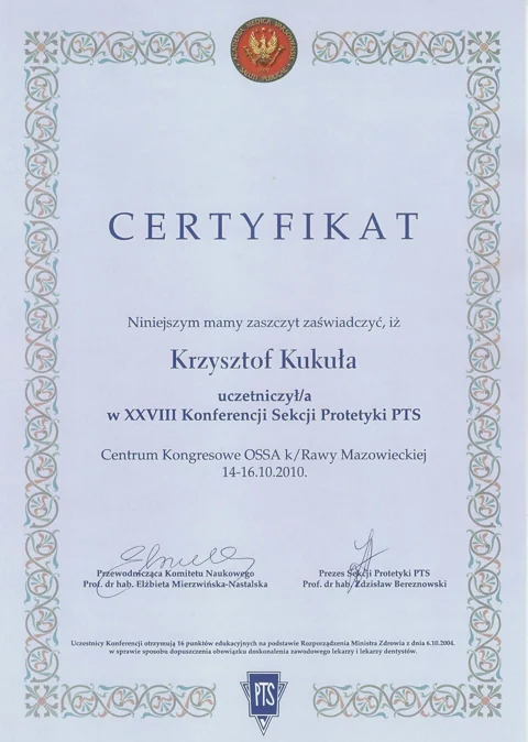 Dokument potwierdzający kwalifikacje zespołu Dr Kukuła
