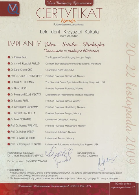 Dokument potwierdzający kwalifikacje zespołu Dr Kukuła