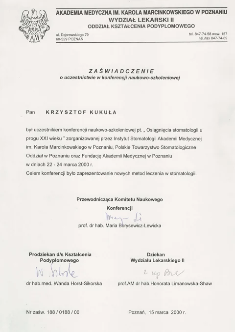 Dokument potwierdzający kwalifikacje zespołu Dr Kukuła