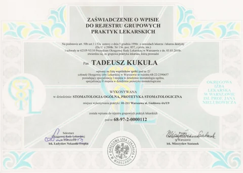 Dokument potwierdzający kwalifikacje zespołu Dr Kukuła
